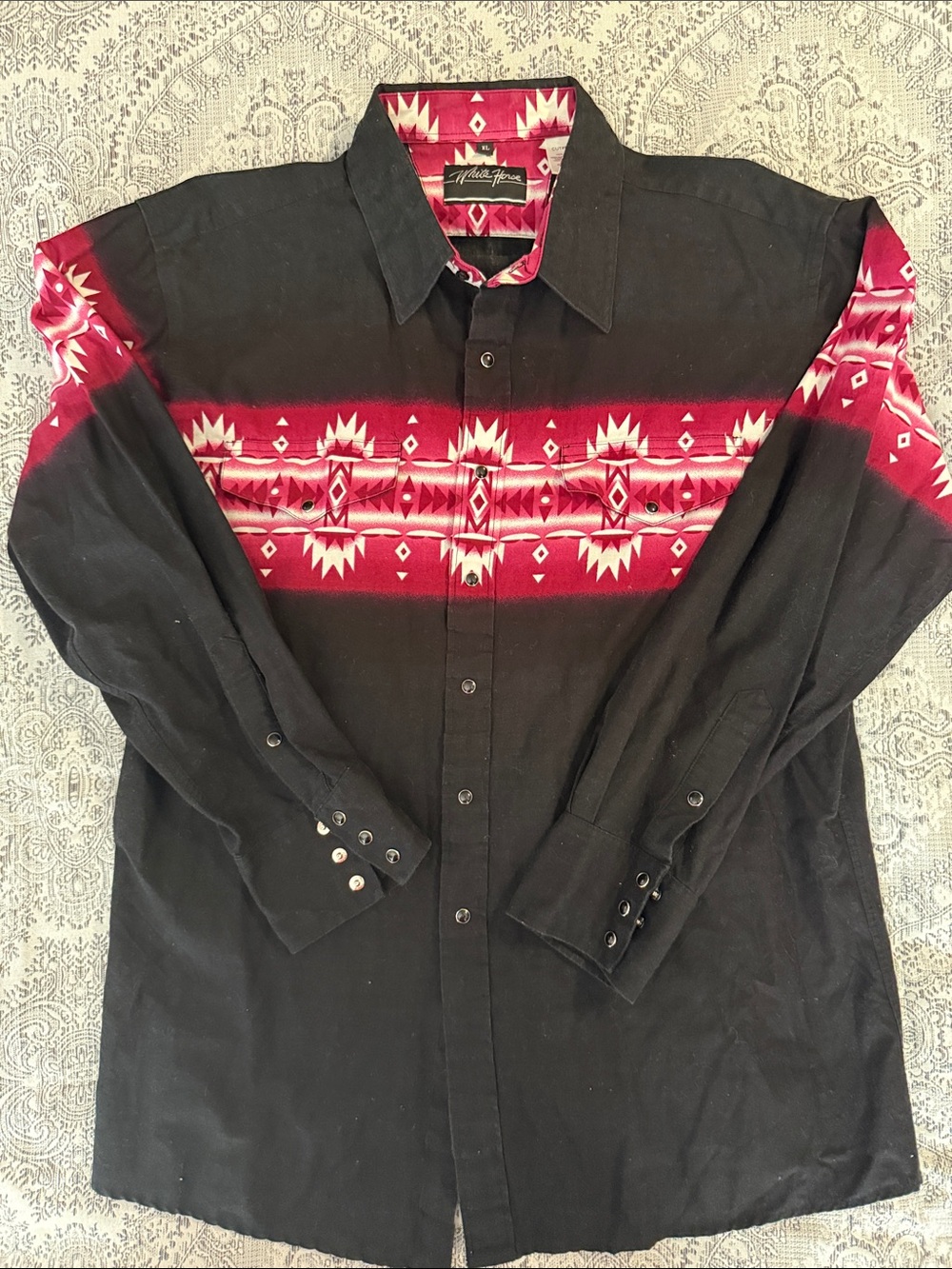 Men’s Black - White Horse - Western Shirt with Red Aztec Stripe - XL